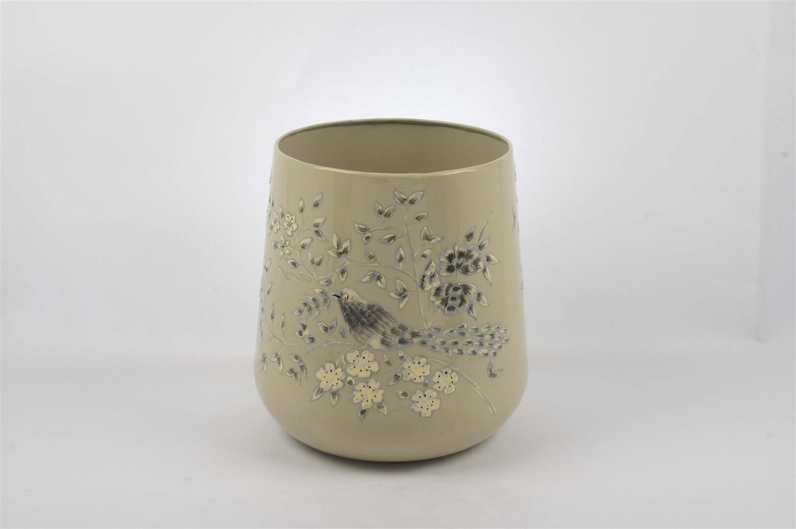 Krem Kuş Desenli Saksı 30x33cm