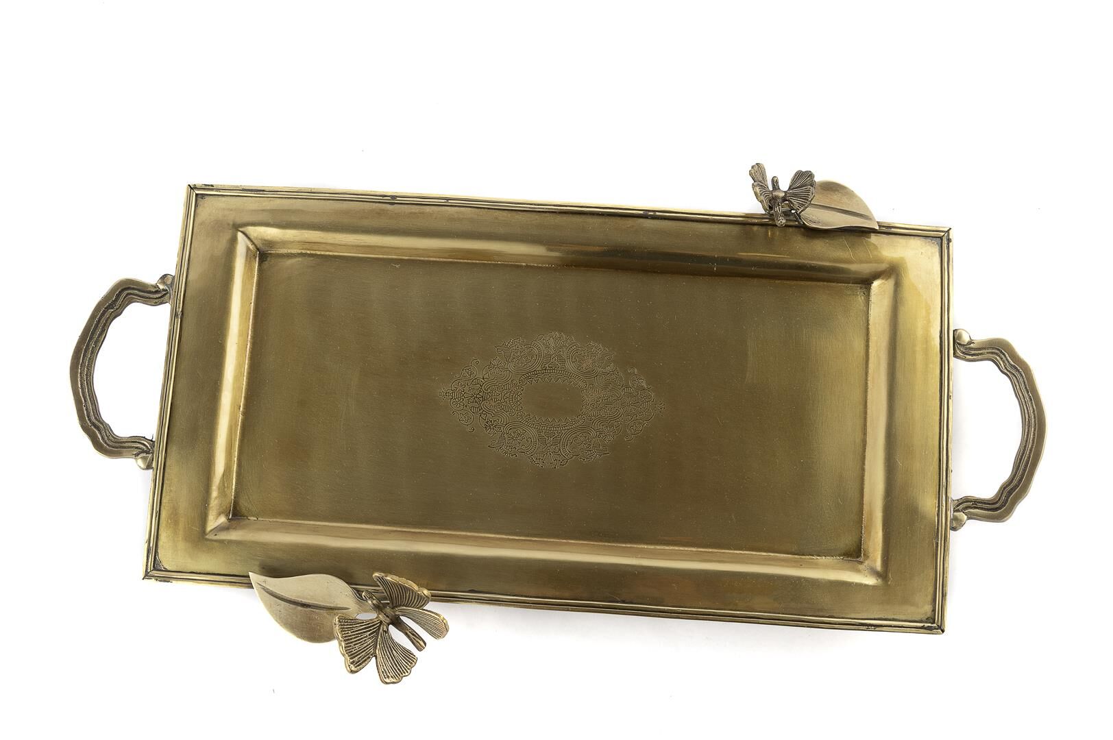 Antik Gold Yapraklı Dik Tepsi 48x24x5cm