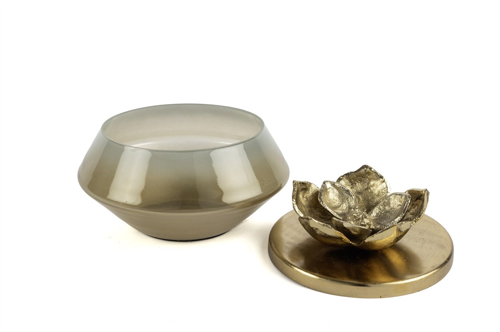 Kahverengi Cam Lotus Gold Kapaklı Dek Cam Kase 23x16cm