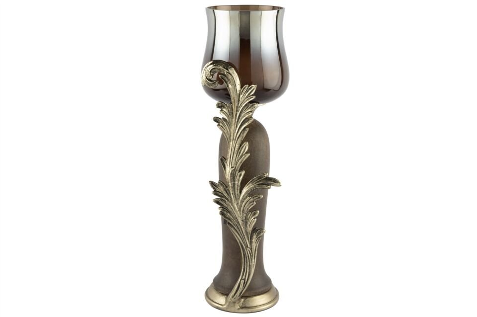 Antik Gold Yapraklı Kahve Cam Mumluk 14x44cm