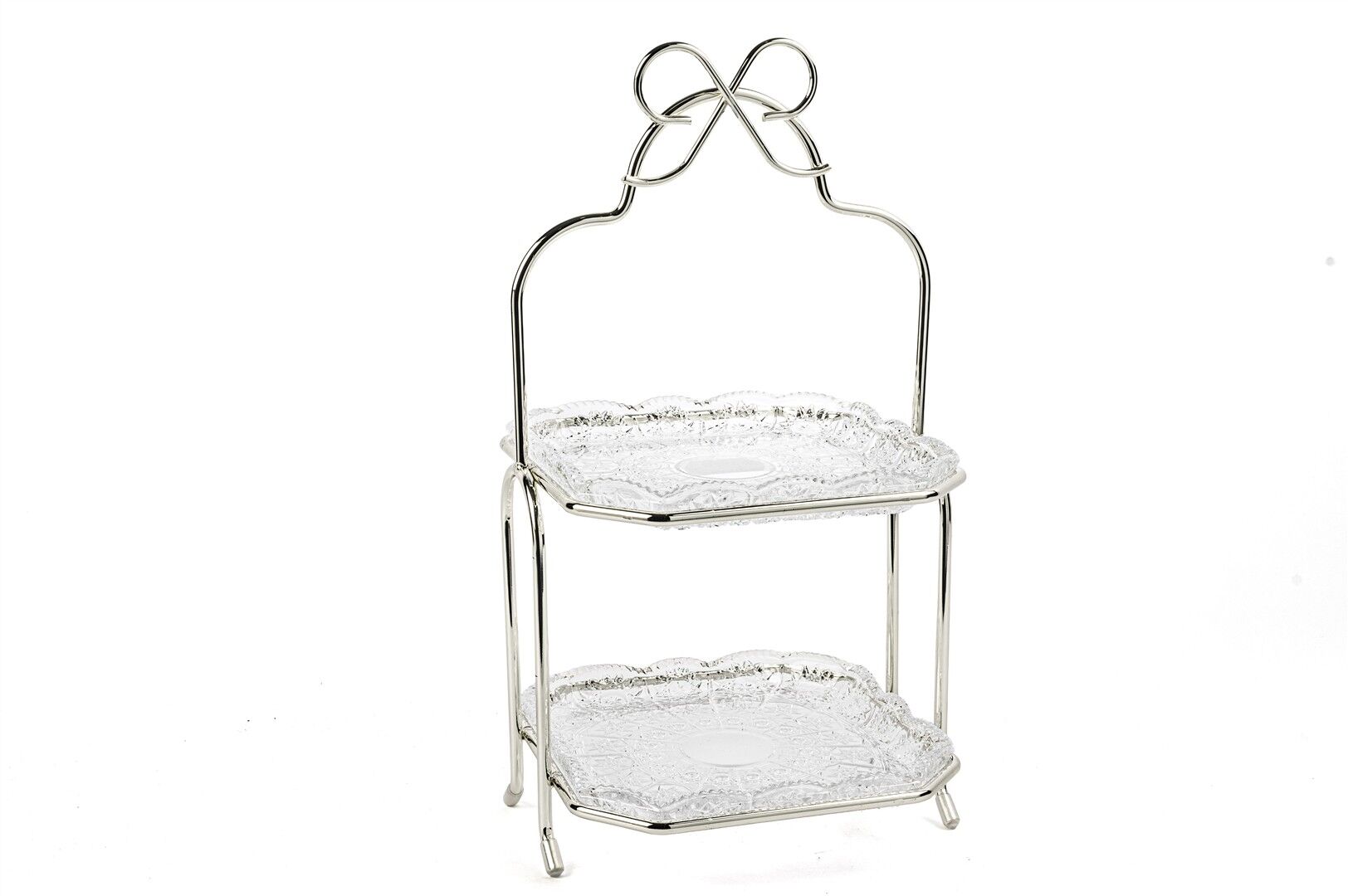 Silver Fiyonk Kulplu Cam 2Katlı Servislik 36x17cm