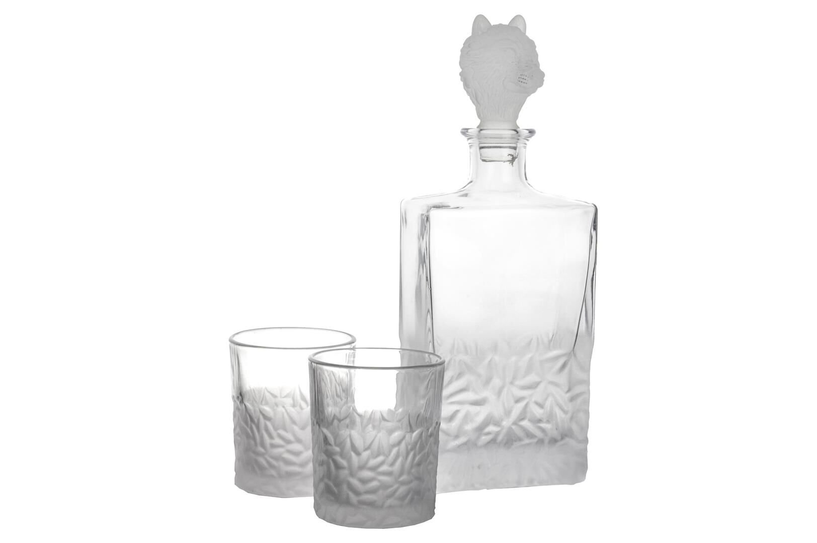 Buzlu Kurt Kapaklı Cam Viski Seti 3Prç  800ml-280ml