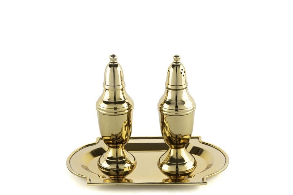 Gold Metal Tepsili Tuzluk Biberlik Seti 18x12x13cm